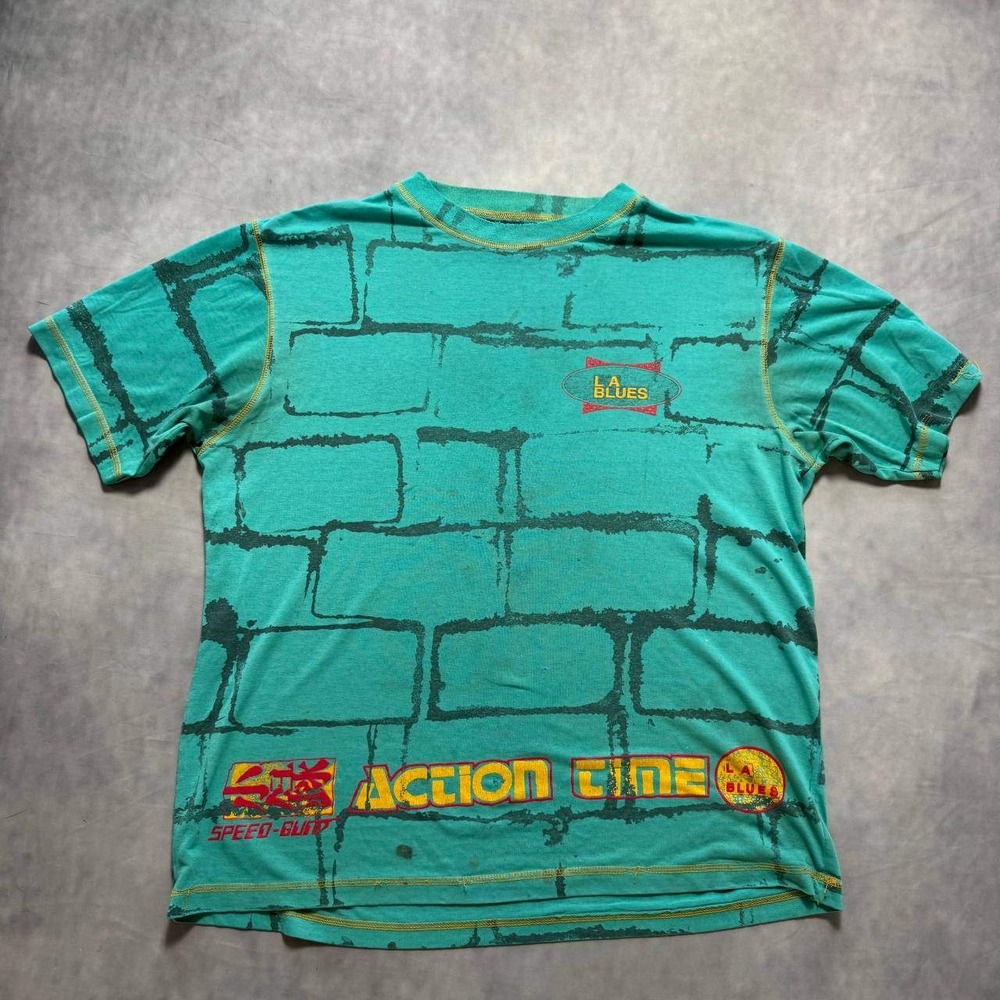 LA Blues Vintage 90s Graphic T Shirt Mens XL Teal Brick Action Time All Over